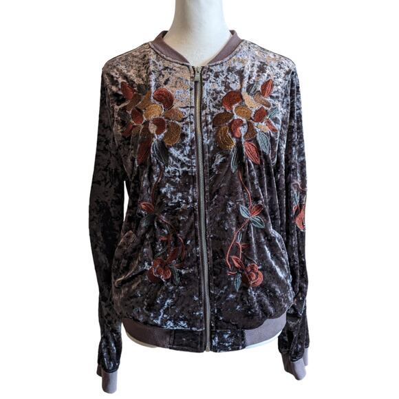 Hidden Alley Crushed Velvet Embroidered Zip Up Bomber Size Small - Picture 1 of 4